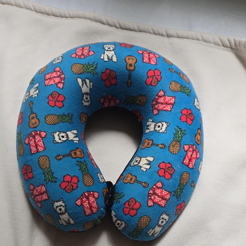 Blue Travel Neck Pillow with Tropical Print